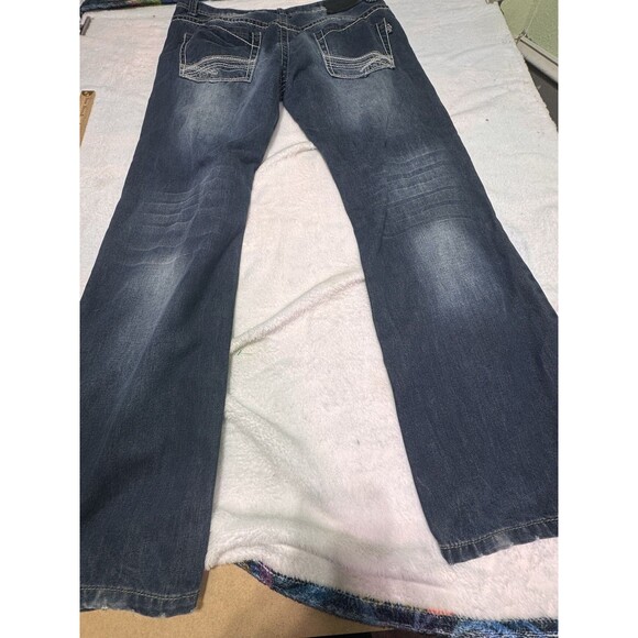 Mens Isaiah Jeans Dark Stone Wash Whiskers Size 40 L Regular Bootcut Christian - Picture 6 of 11